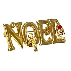 VTG Gold NOEL BROOCH PIN 2” Santa Cherub Angel Enamel Christmas Holiday Jewelry